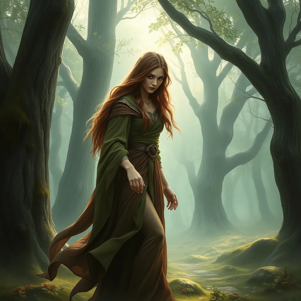 Triss in a misty, enchanted forest, her robes flowing as she walks among ancient trees, her eyes sparkling with magical knowledge