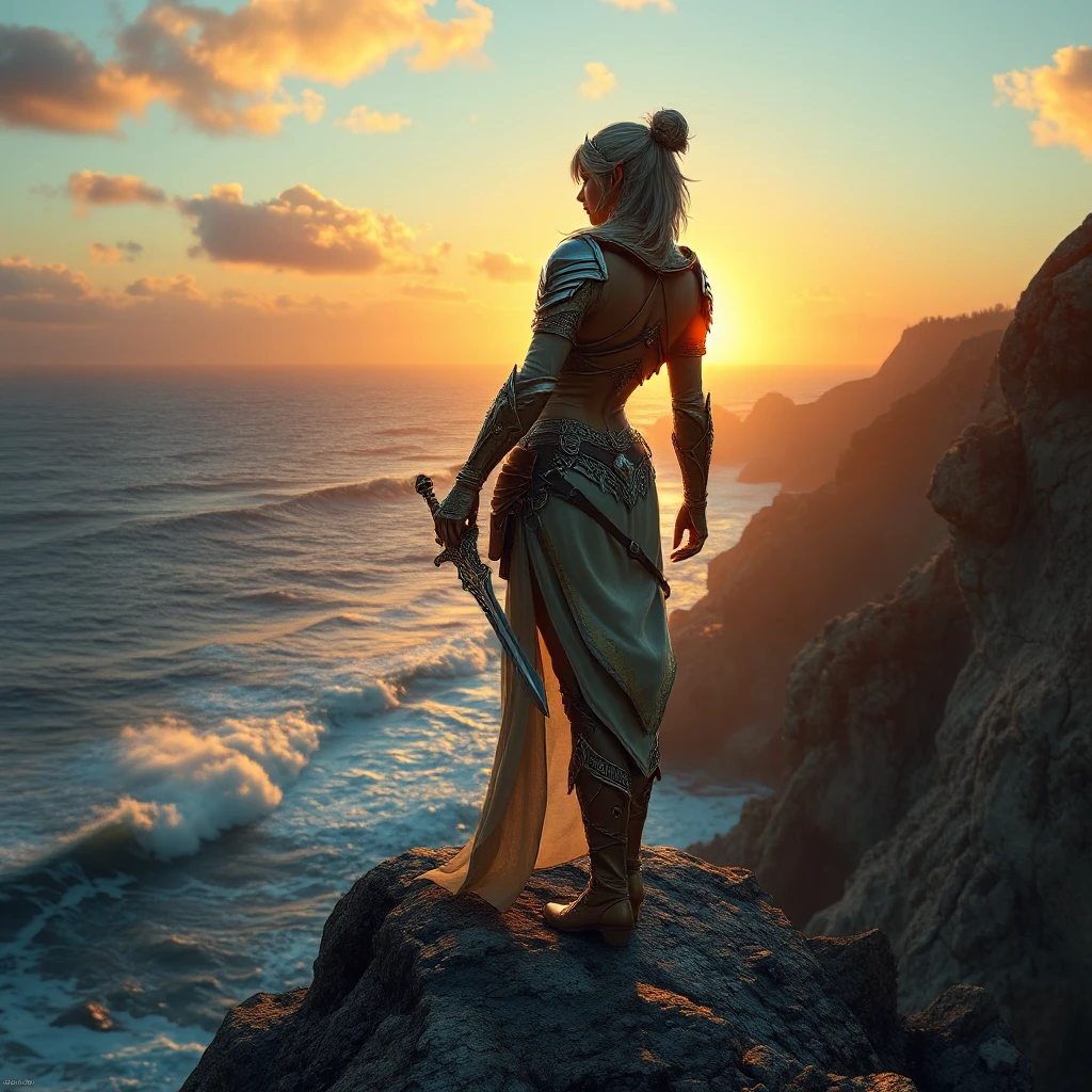 Ciri on a rocky cliff overlooking a vast ocean, the sun setting behind her, casting a golden glow on her armor and the waves below