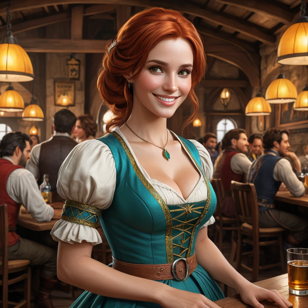 Triss in a bustling tavern, her friendly smile and vibrant dress making her the center of attention among the patrons