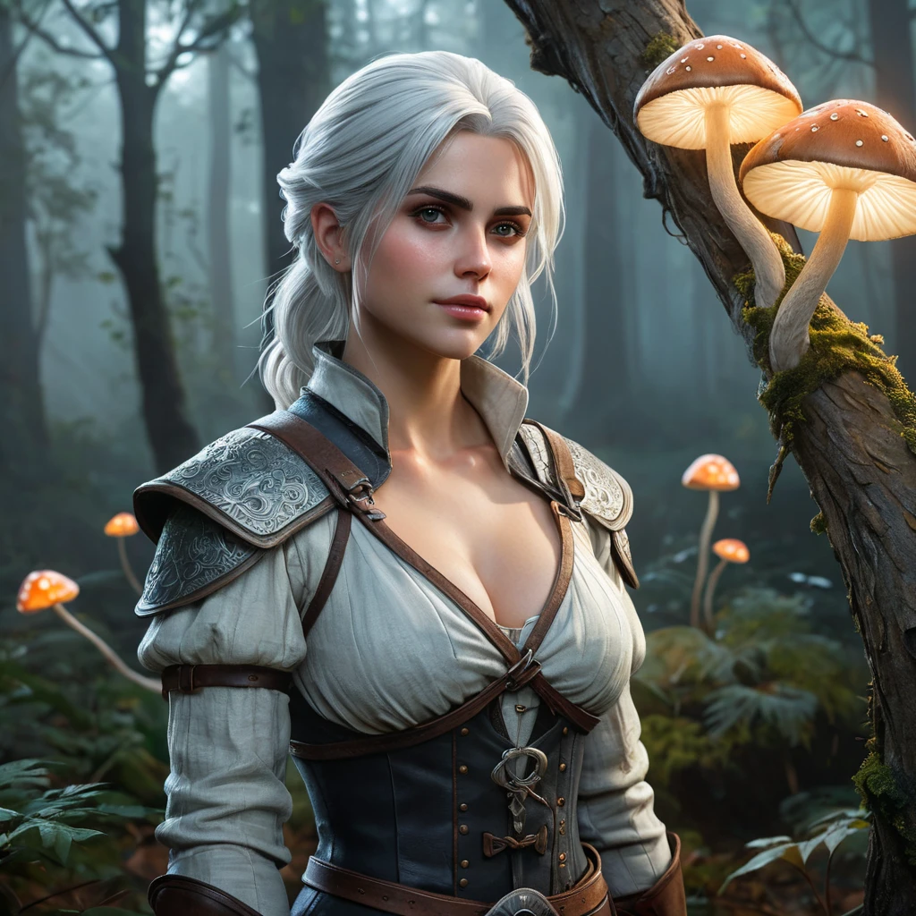 Ciri from The Witcher 3, standing in a misty forest with glowing mushrooms and ancient trees, her silver hair shimmering under the soft light filtering through the leaves