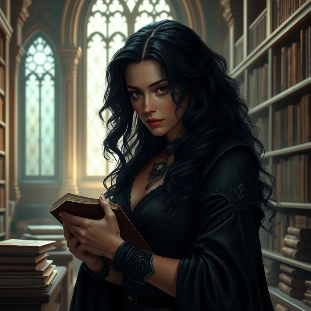 Yennefer in a grand library, her hands gently touching ancient books as she walks, the light from a nearby window casting a soft glow on her face