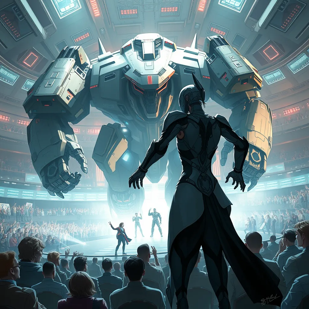 A futuristic battle arena where A2 faces off against a colossal, mechanized enemy, the audience a mix of human and android onlookers, cheering her on.