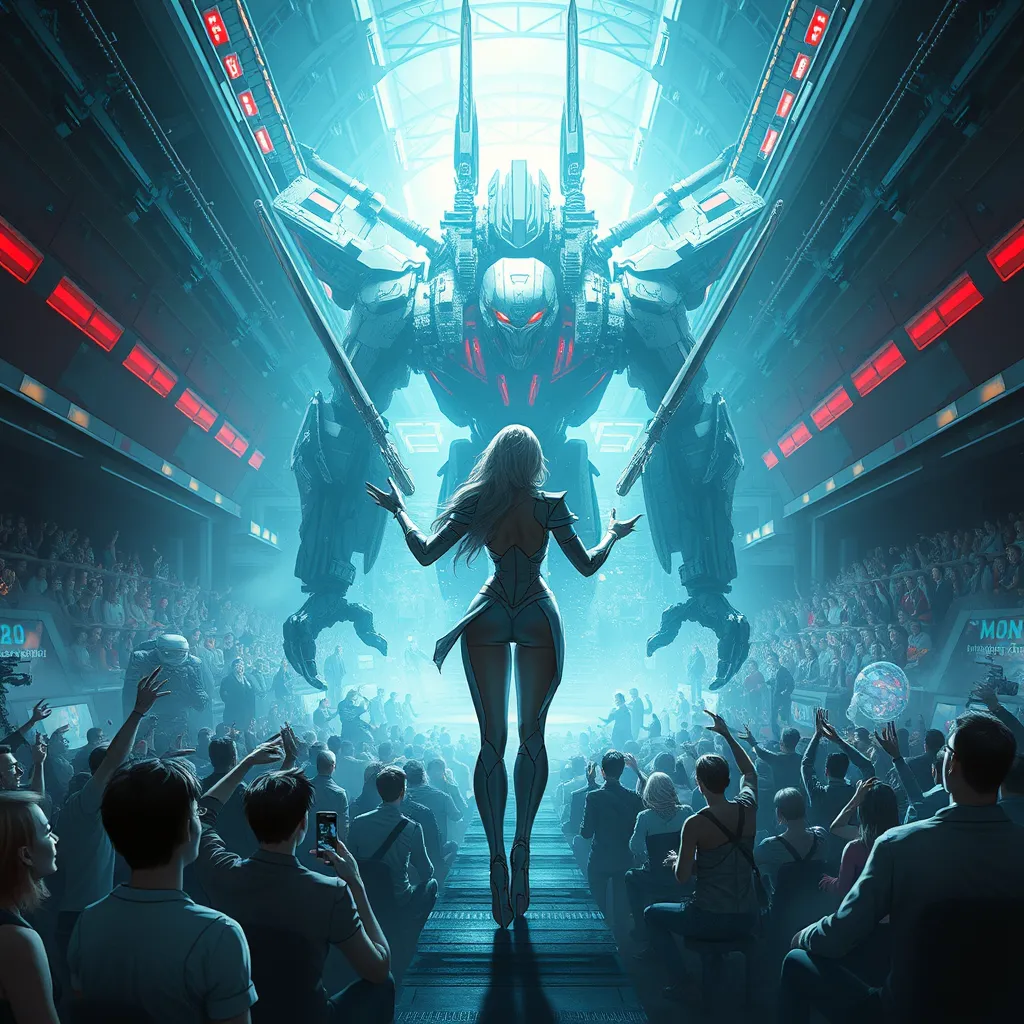 A futuristic battle arena where A2 faces off against a colossal, mechanized enemy, the audience a mix of human and android onlookers, cheering her on.