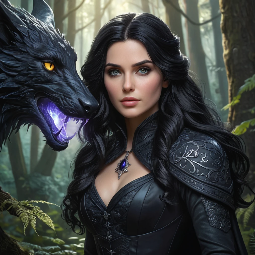 Yennefer in a dark, enchanted forest, her eyes glowing with magical energy as she confronts a mythical creature