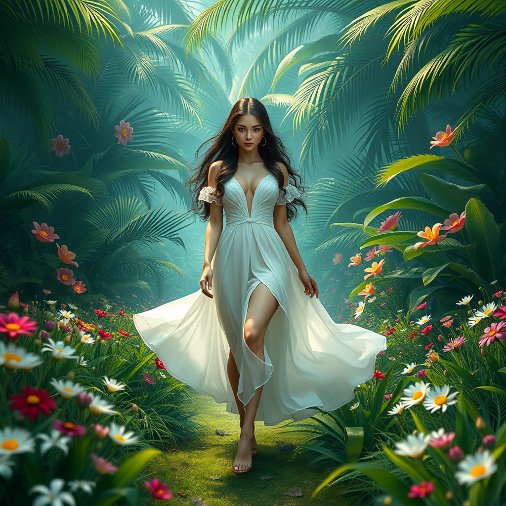 Yennefer in a lush, tropical paradise, her dress light and airy as she walks through a field of flowers