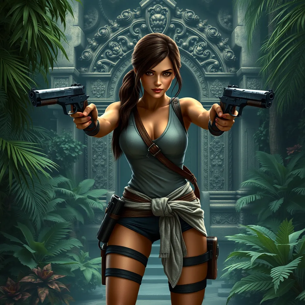 Lara Croft in a classic adventure pose, her iconic dual pistols drawn, standing before an ancient, ornate temple entrance hidden in a dense jungle.