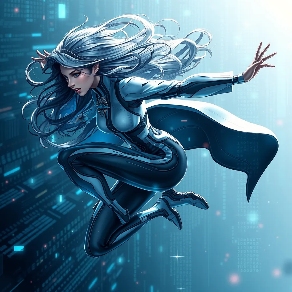 A dynamic action shot of A2 mid-leap, her hair flowing behind her, with a digital overlay of data streams and code, emphasizing her cybernetic nature.