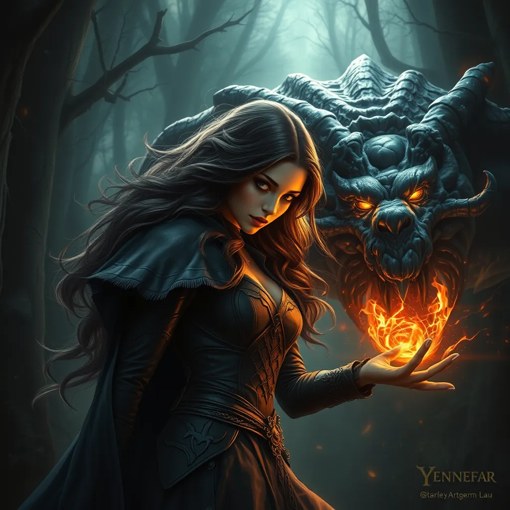 Yennefer in a dark, enchanted forest, her eyes glowing with magical energy as she confronts a mythical creature