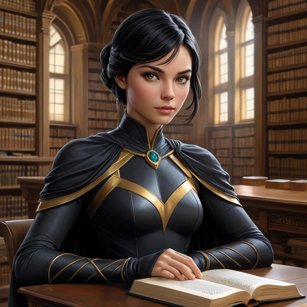 Cassandra Cain in a serene library setting, surrounded by ancient tomes, her eyes conveying a deep sense of wisdom and mystery.