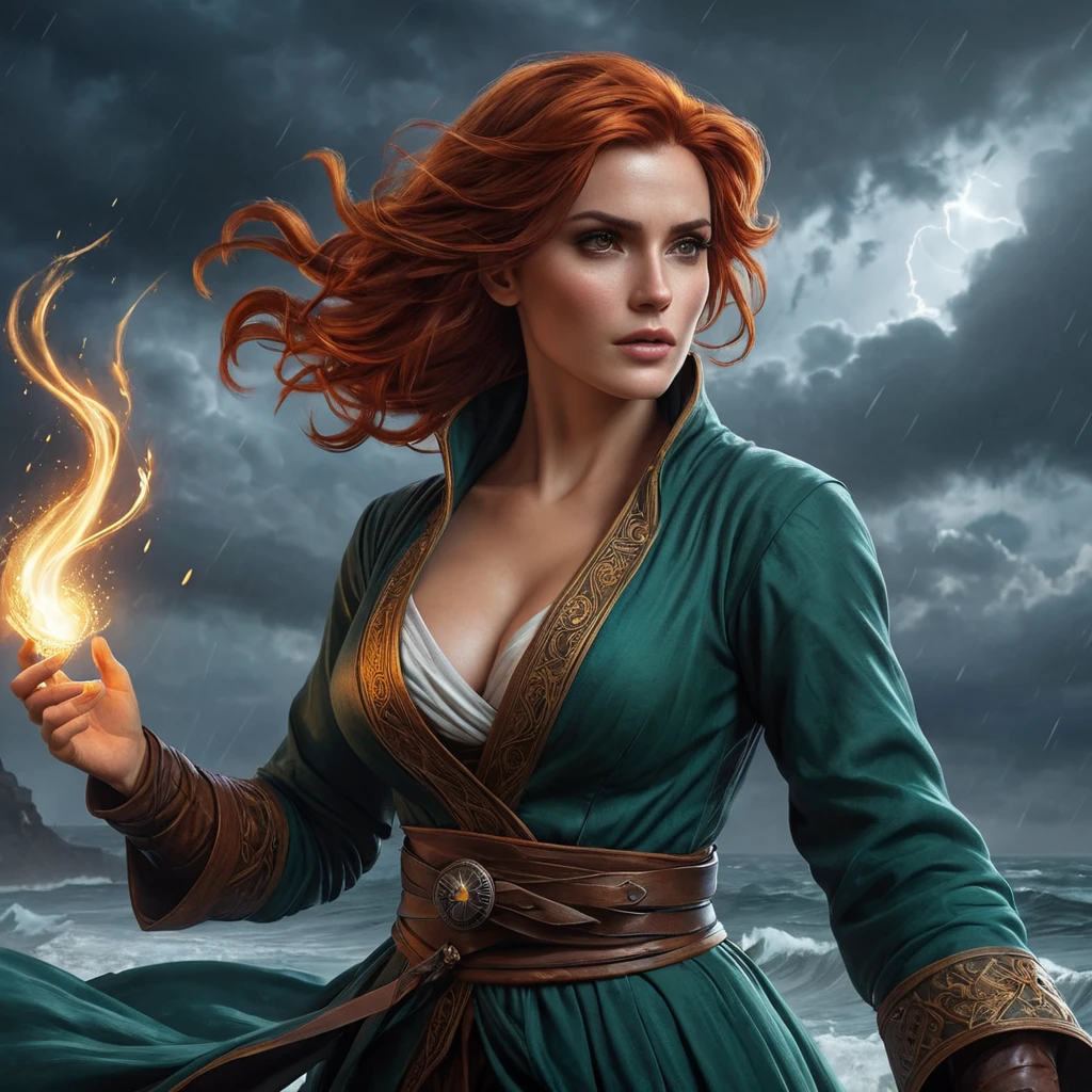 Triss in a dramatic, stormy night scene, her robes and hair blown by the wind as she casts a protective spell