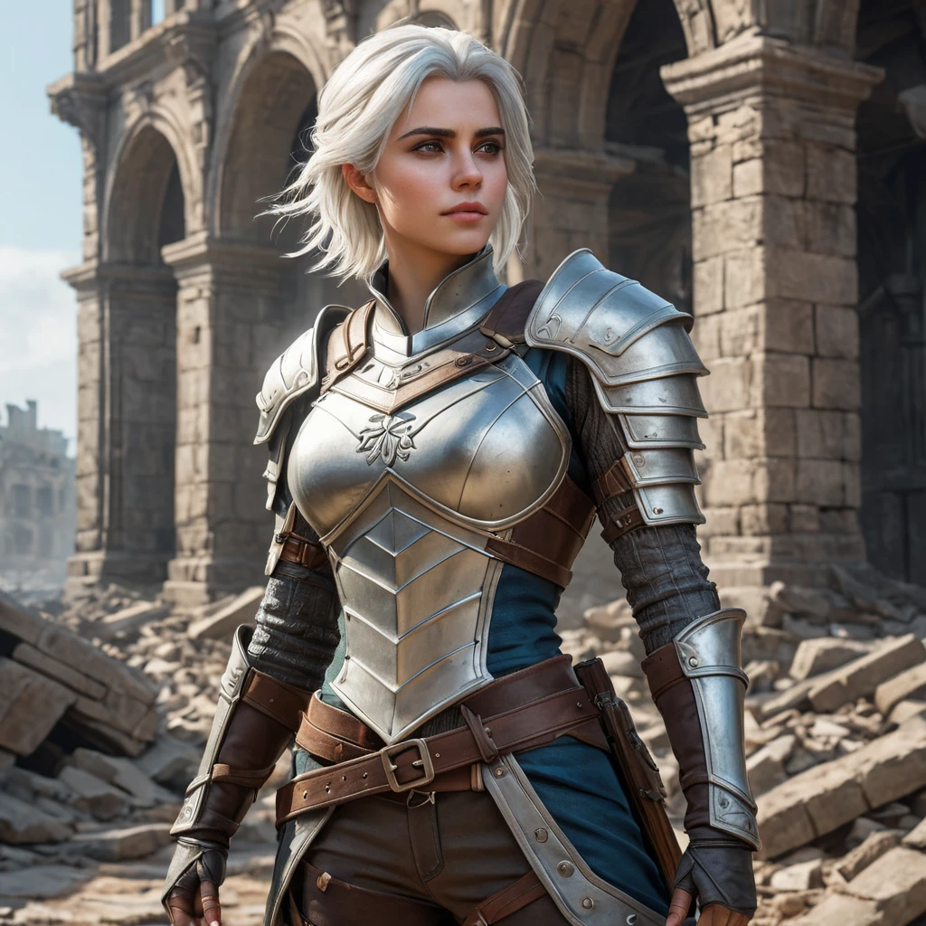 Ciri in a battle-worn armor, standing amidst the ruins of a once-great city, her expression resolute and determined