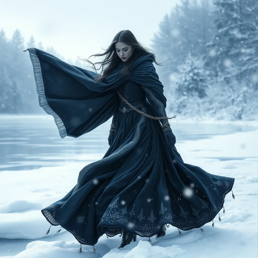 Yennefer in a snowy, winter wonderland, her cloak billowing in the wind as she walks gracefully on a frozen lake