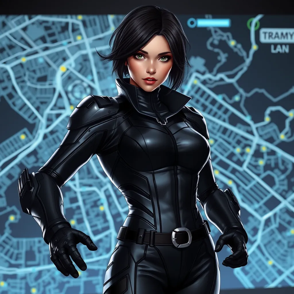 Cassandra Cain, dressed in a sleek, black tactical suit, standing before a digital city map, her hands poised as if ready to strike.