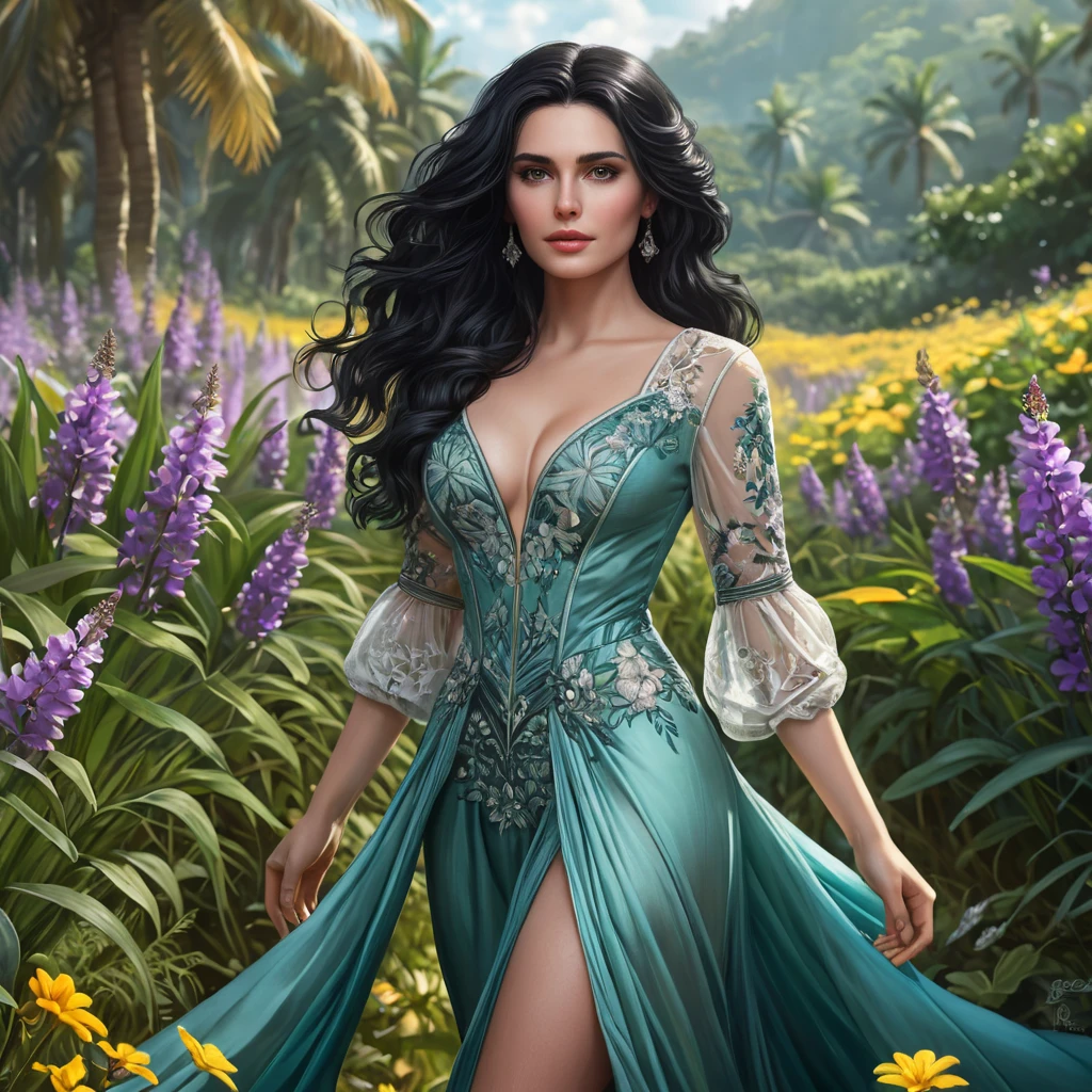 Yennefer in a lush, tropical paradise, her dress light and airy as she walks through a field of flowers