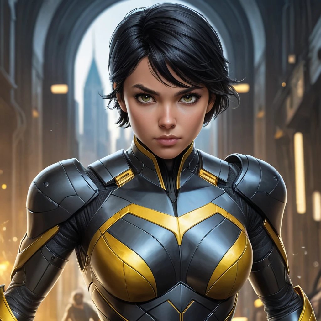 Cassandra Cain in a futuristic battle arena, her body clad in advanced armor, her eyes glowing with a fierce determination.