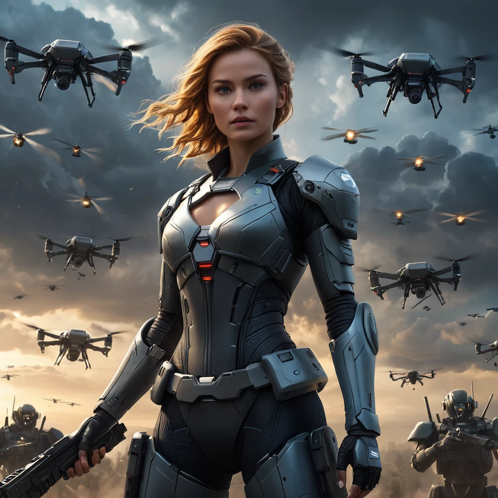 A cinematic scene where A2 is surrounded by a swarm of enemy drones, her weapon drawn, with a dramatic spotlight highlighting her against the dark, stormy sky.