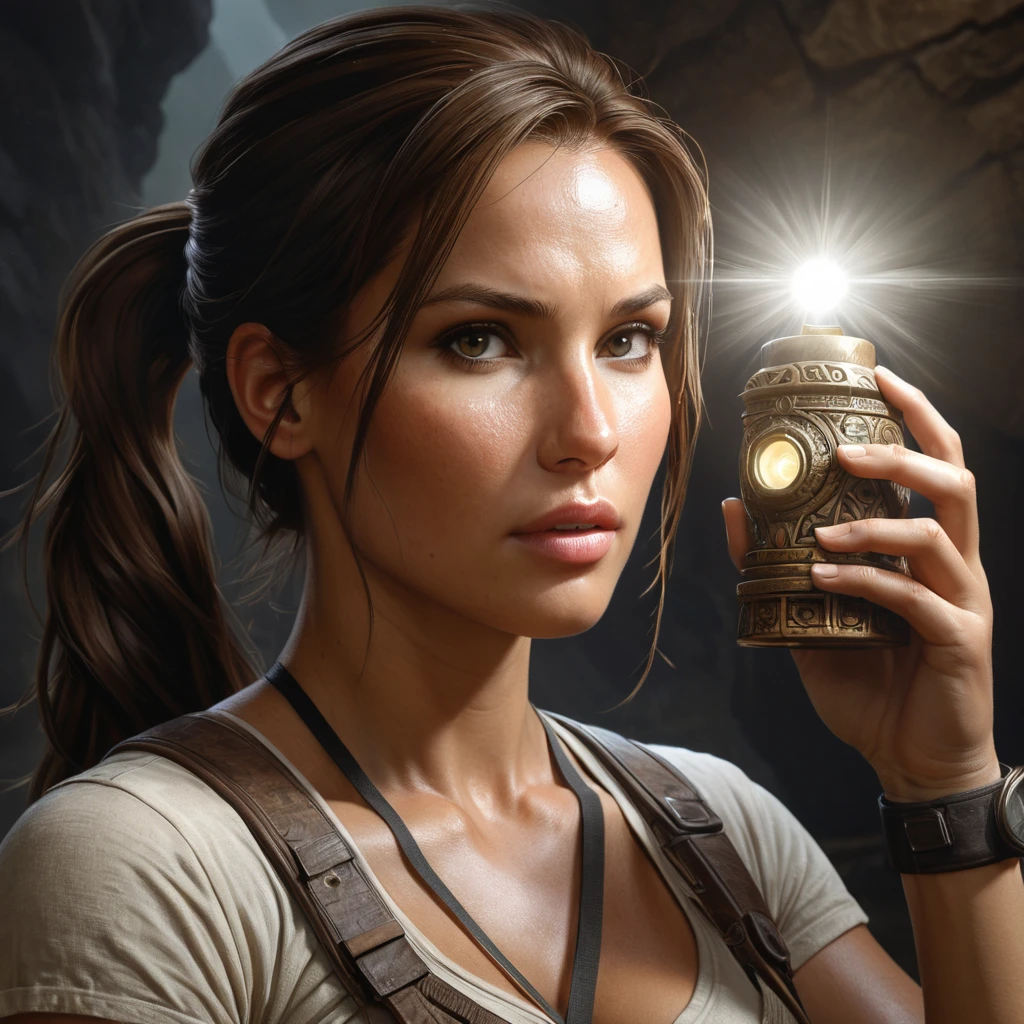 A detailed portrait of Lara Croft examining an ancient artifact, the light from her flashlight casting shadows across her focused face and the intricate relic.