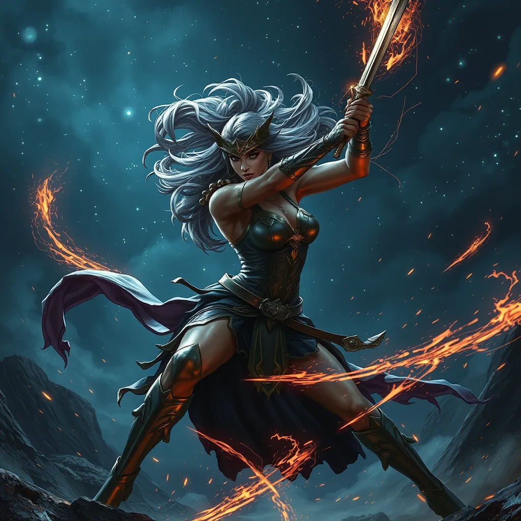 Kassandra in a dramatic night battle under the stars, her movements illuminated by sparks from her weapons, capturing her fierce and dynamic fighting style