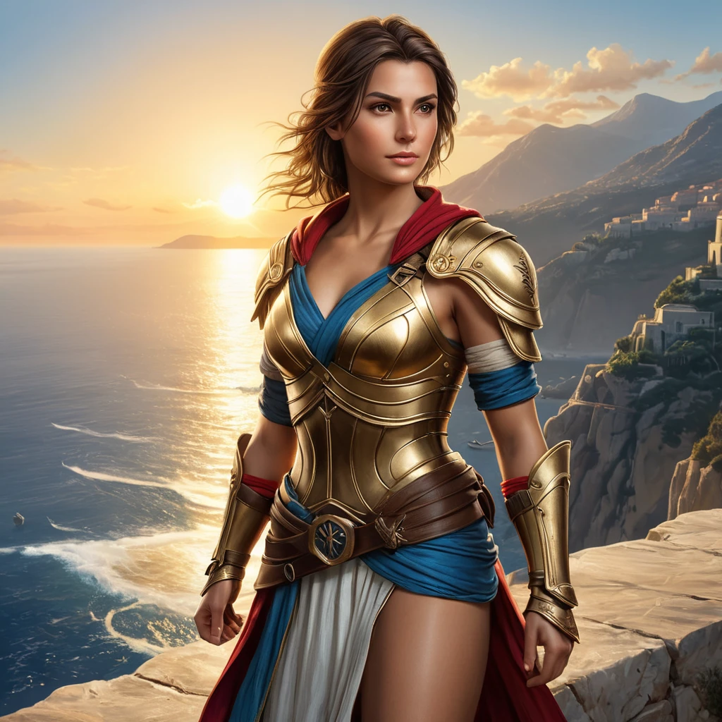 Kassandra from Assassin's Creed, standing atop a cliff overlooking the Aegean Sea, with the sun setting behind her, casting a golden glow on her armor and the waves below