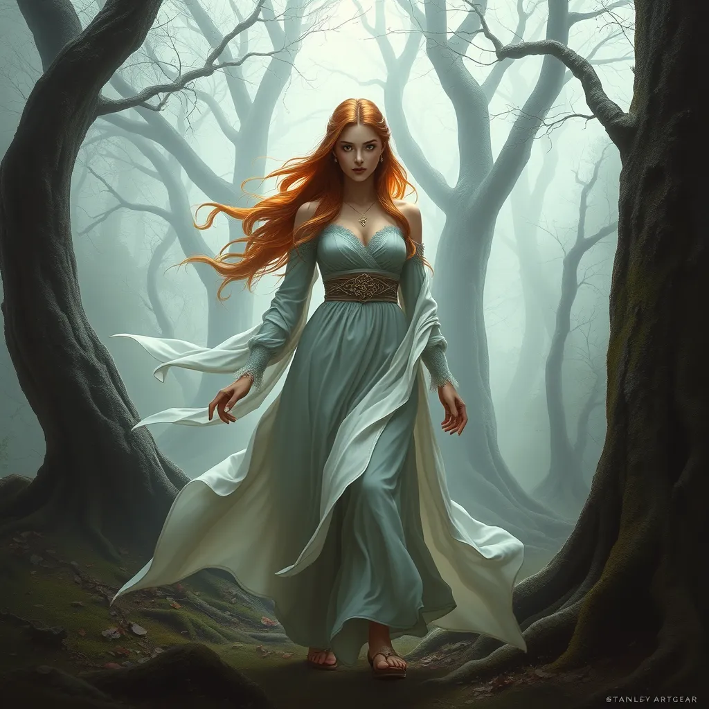 Triss in a misty, enchanted forest, her robes flowing as she walks among ancient trees, her eyes sparkling with magical knowledge