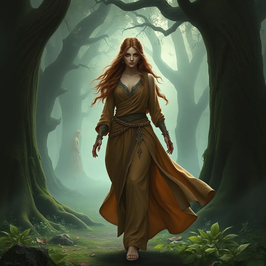 Triss in a misty, enchanted forest, her robes flowing as she walks among ancient trees, her eyes sparkling with magical knowledge