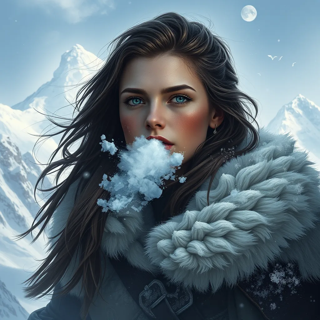 Kassandra in a snowy mountain landscape, her breath visible in the cold air, navigating through treacherous terrain, showcasing her resilience and survival skills