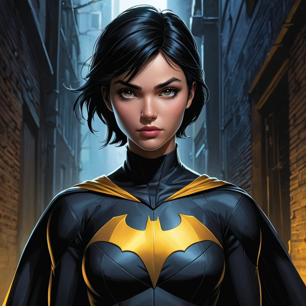 Cassandra Cain in a classic comic book style, rendered in vibrant colors, standing in a dark alley with a single beam of light highlighting her determined face.