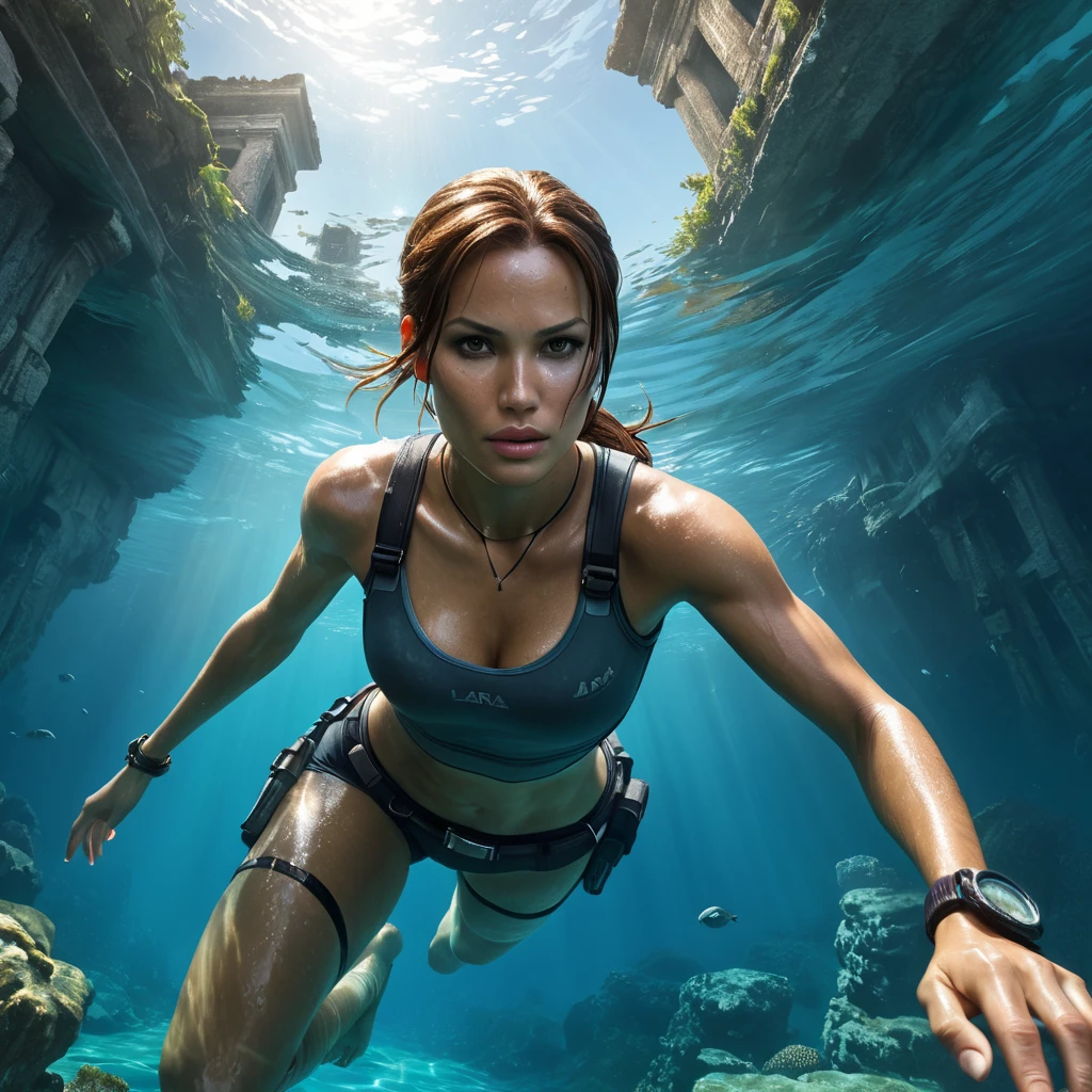 A cinematic shot of Lara Croft swimming underwater, her athletic form highlighted, exploring the submerged ruins of a lost city.