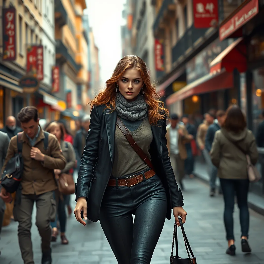 Triss in a bustling city street, her attire both practical and stylish as she navigates the crowd with ease