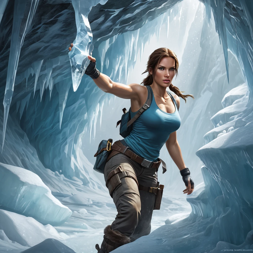 A dynamic scene of Lara Croft navigating a treacherous ice cave, her ice pick and crampons in use, with ice formations glittering in the light.