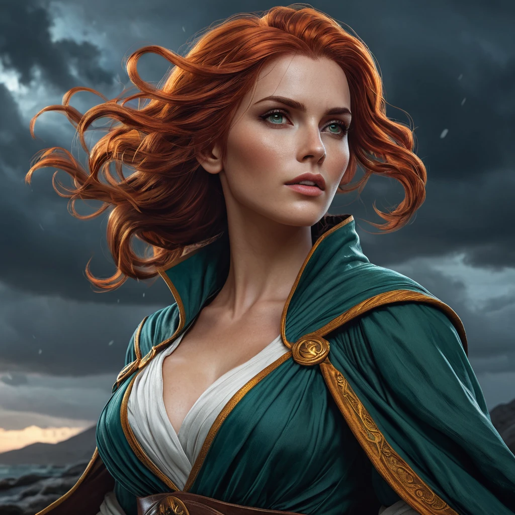 Triss in a dramatic, stormy night scene, her robes and hair blown by the wind as she casts a protective spell