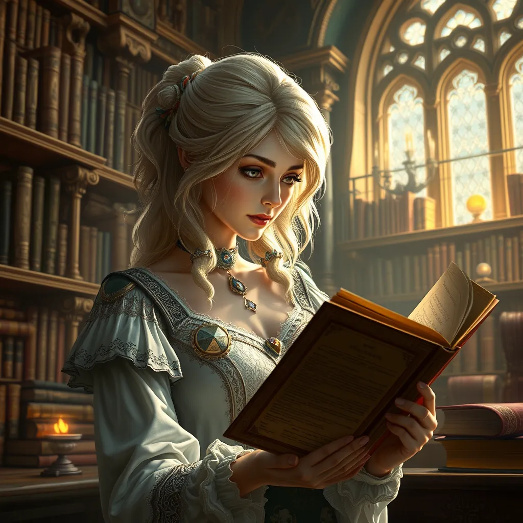 Ciri in a grand library filled with ancient tomes and glowing crystals, her expression focused as she reads an old manuscript