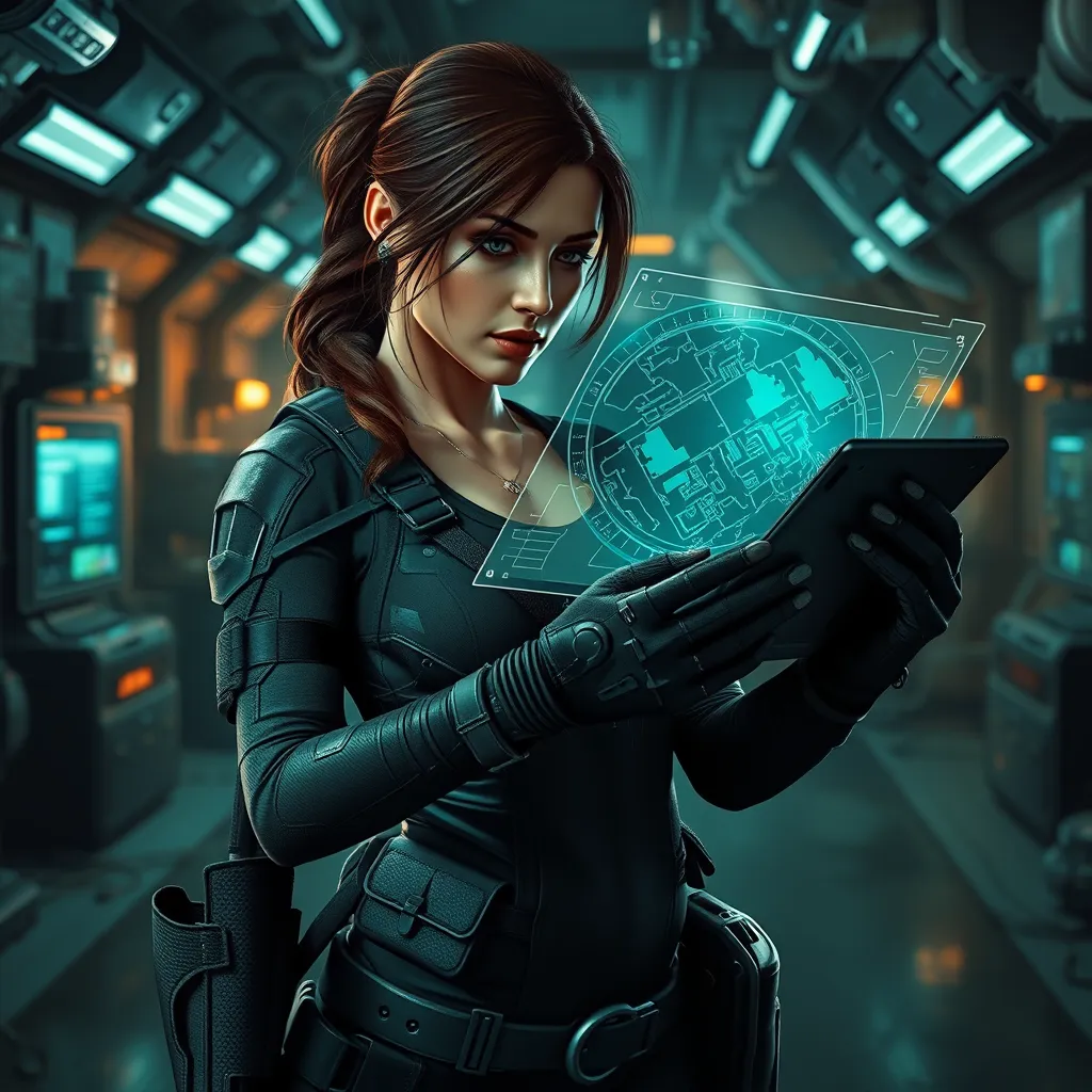 Lara Croft in a high-tech underground laboratory, suited up in modern gear, studying a holographic map of an undiscovered tomb.