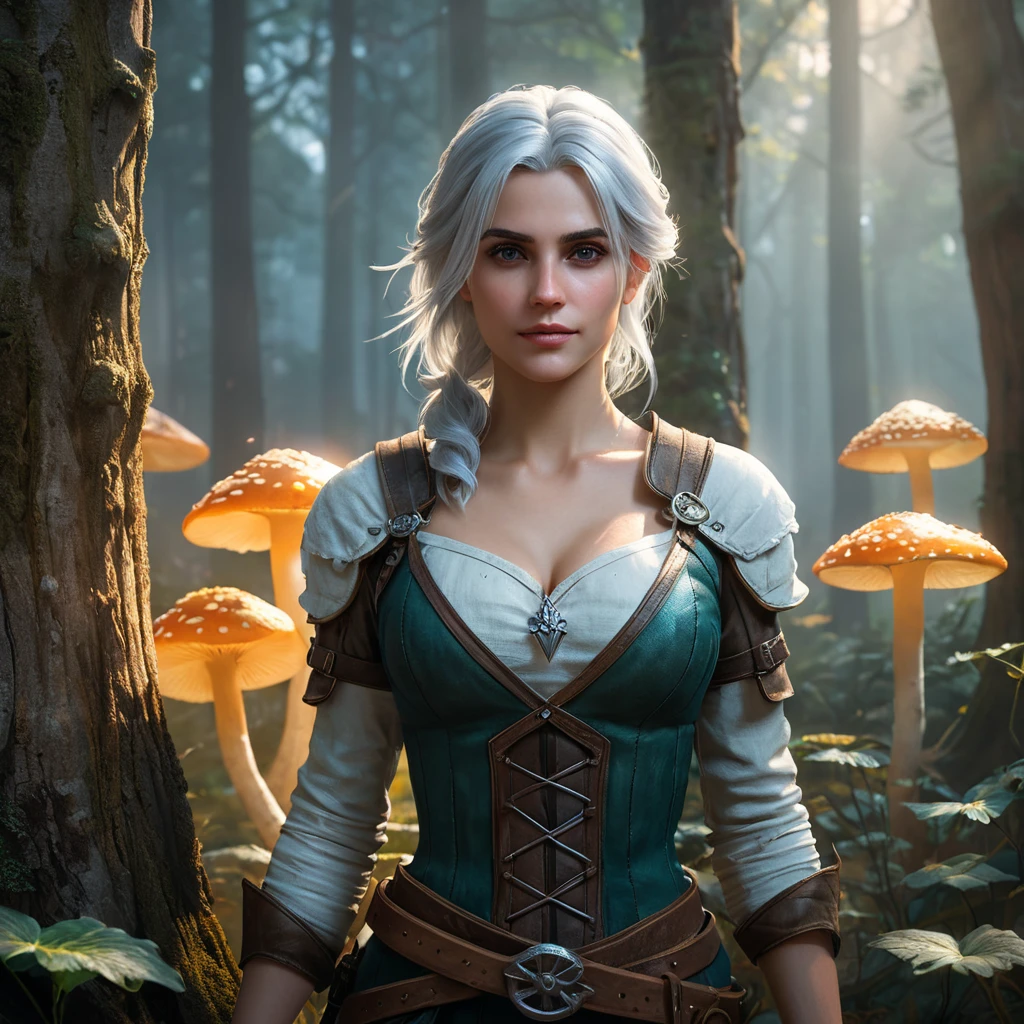 Ciri from The Witcher 3, standing in a misty forest with glowing mushrooms and ancient trees, her silver hair shimmering under the soft light filtering through the leaves