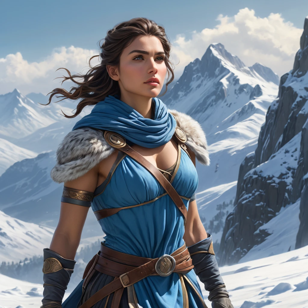 Kassandra in a snowy mountain landscape, her breath visible in the cold air, navigating through treacherous terrain, showcasing her resilience and survival skills