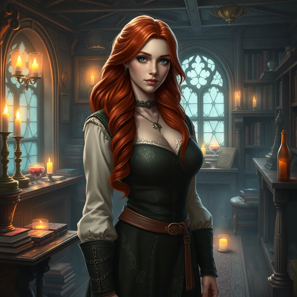 Triss Merigold from The Witcher 3, standing in a cozy, candlelit study filled with books and potions, her red hair cascading over her shoulders