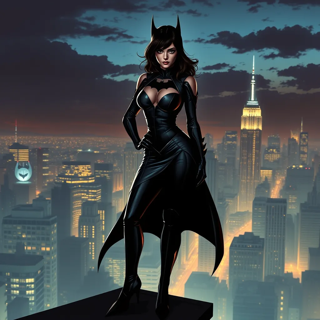 Cassandra Cain standing atop a city rooftop at twilight, the skyline of Gotham City illuminated behind her, her silhouette sharp against the urban glow.