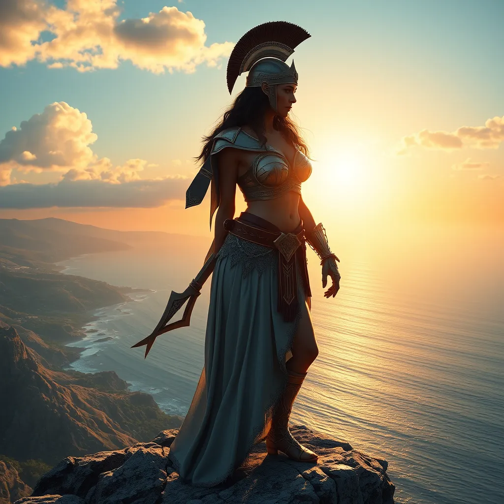 Kassandra from Assassin's Creed, standing atop a cliff overlooking the Aegean Sea, with the sun setting behind her, casting a golden glow on her armor and the waves below