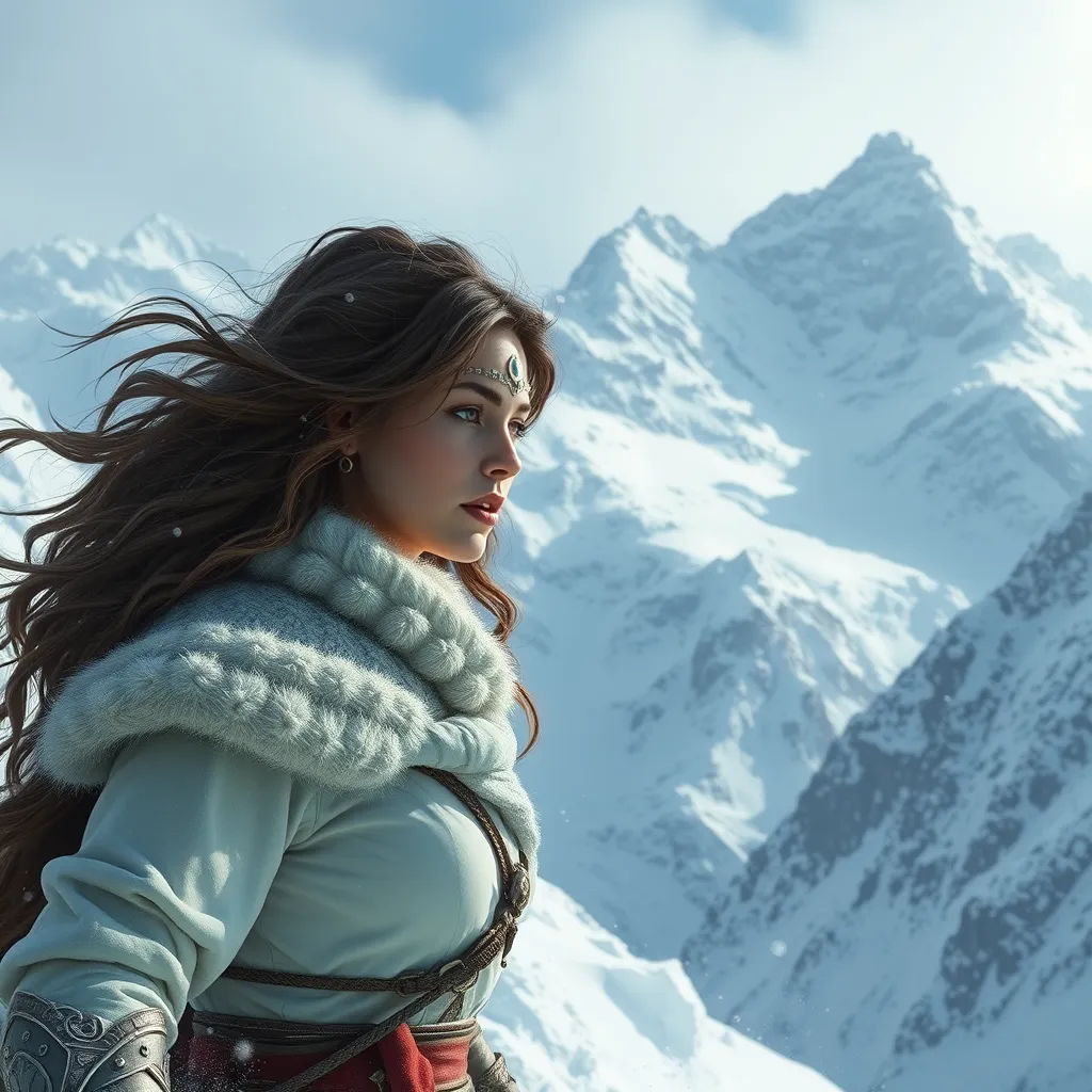 Kassandra in a snowy mountain landscape, her breath visible in the cold air, navigating through treacherous terrain, showcasing her resilience and survival skills