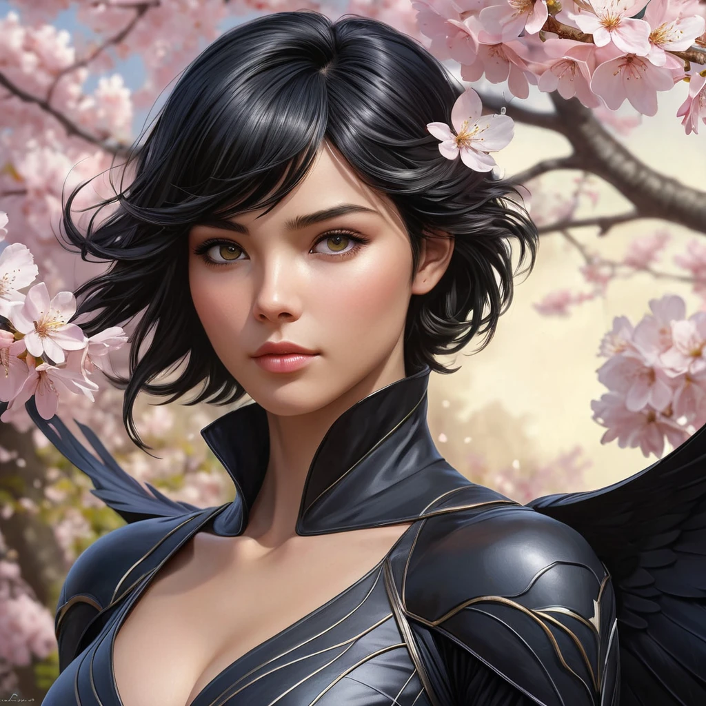 Cassandra Cain, depicted in a serene garden with blooming cherry blossoms, her eyes reflecting the soft pink petals, a gentle breeze lifting her raven hair.