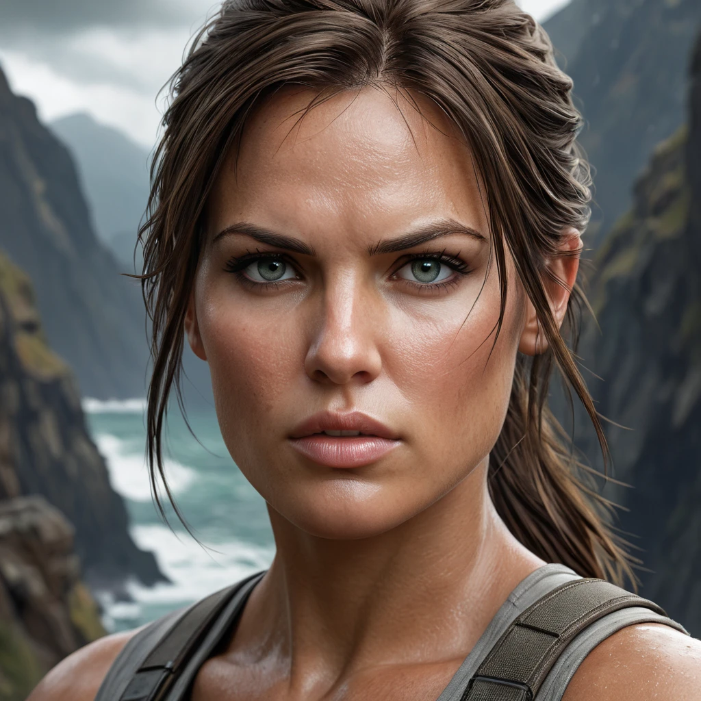 A dramatic close-up of Lara Croft, her eyes intense and focused, set against a stormy, rugged cliffside, emphasizing her resilience and determination.