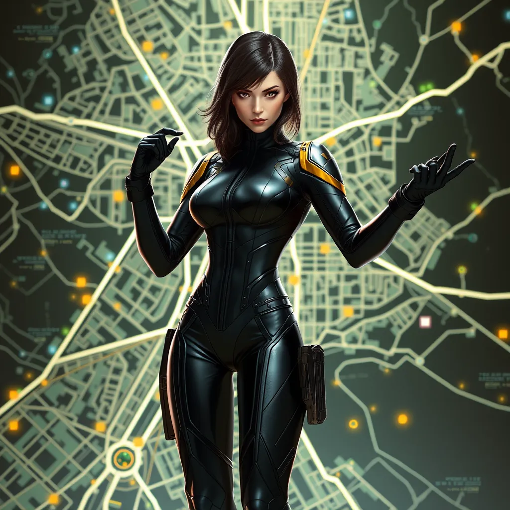 Cassandra Cain, dressed in a sleek, black tactical suit, standing before a digital city map, her hands poised as if ready to strike.