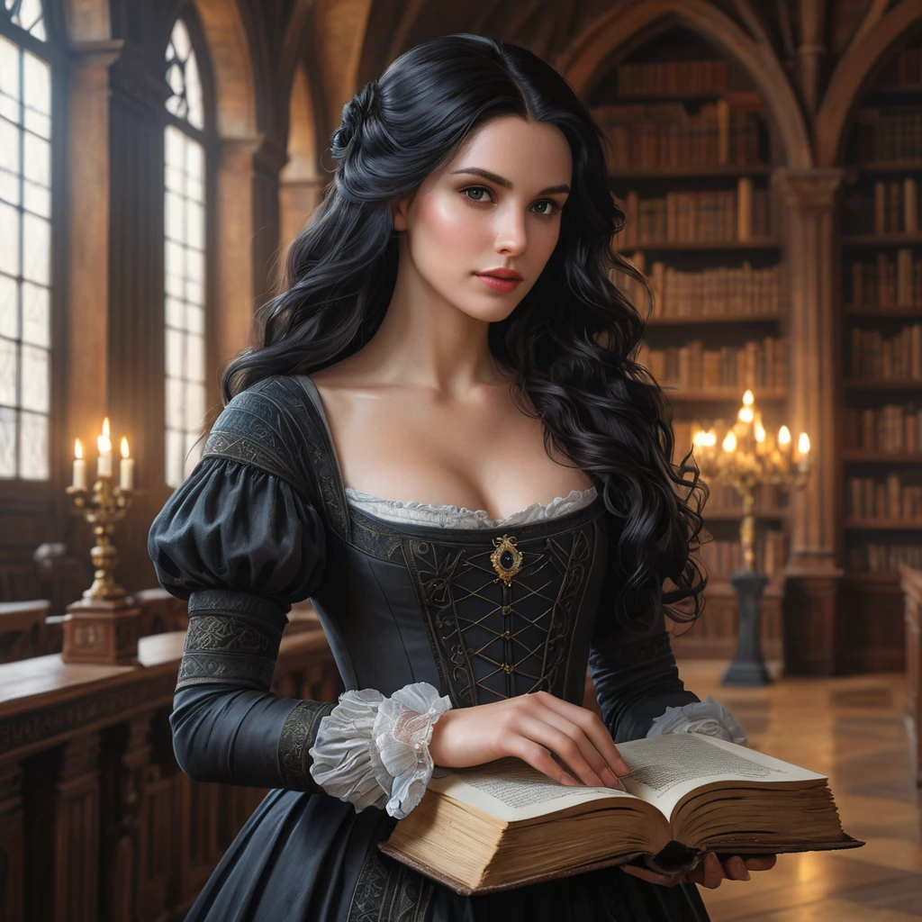 Yennefer in a grand library, her hands gently touching ancient books as she walks, the light from a nearby window casting a soft glow on her face