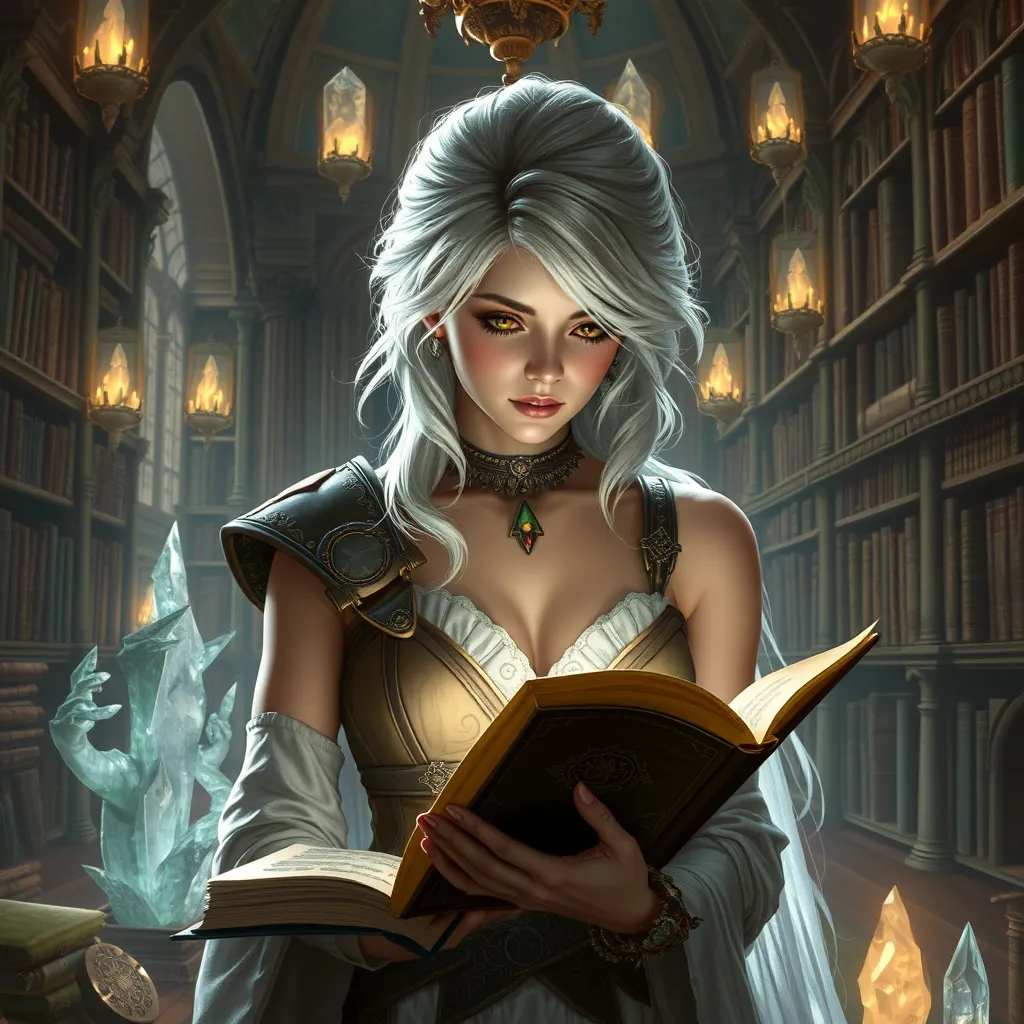 Ciri in a grand library filled with ancient tomes and glowing crystals, her expression focused as she reads an old manuscript