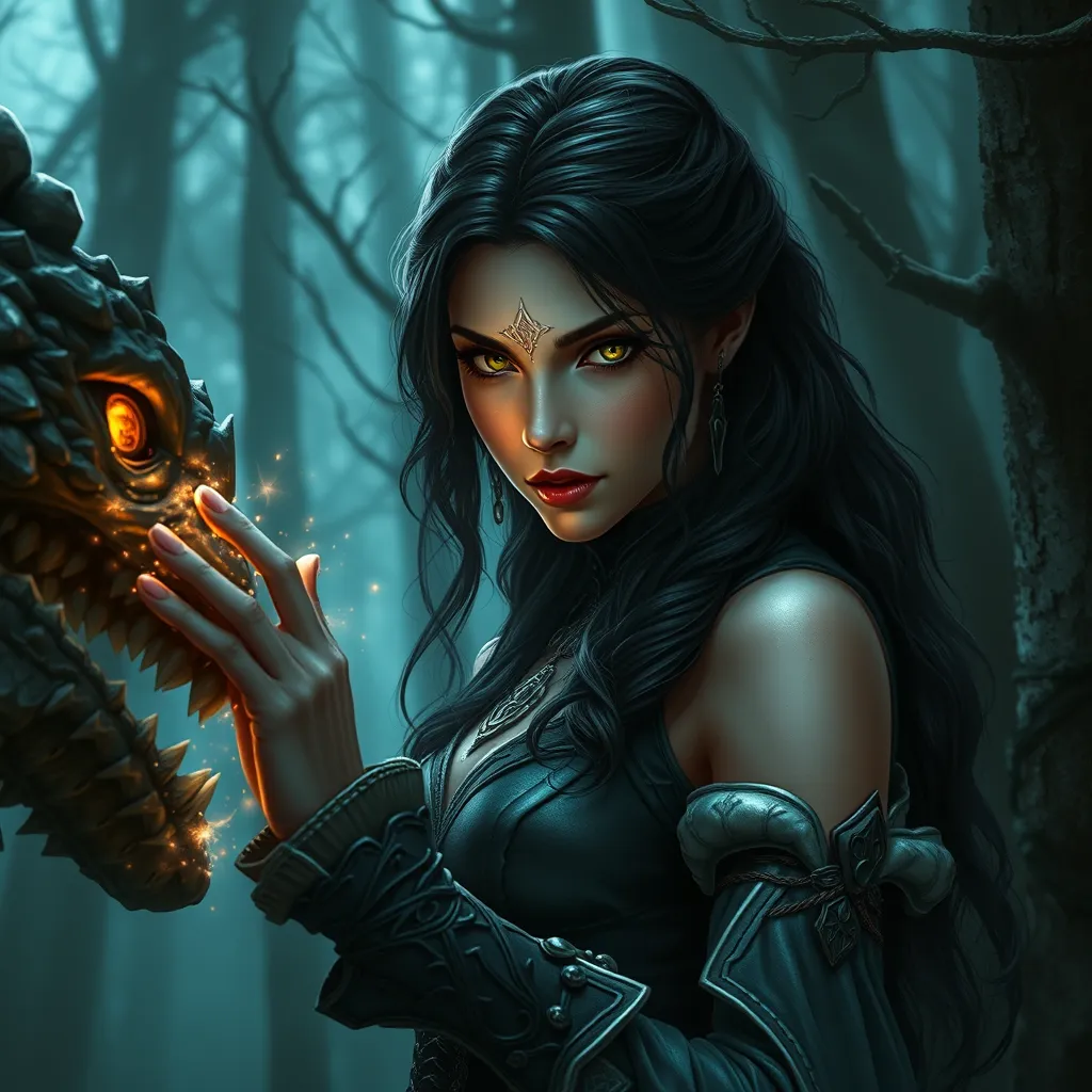 Yennefer in a dark, enchanted forest, her eyes glowing with magical energy as she confronts a mythical creature