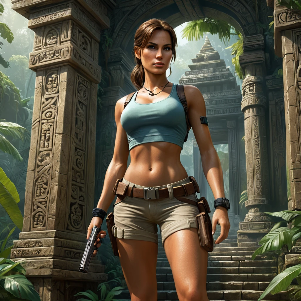 Lara Croft in a classic adventure pose, her iconic dual pistols drawn, standing before an ancient, ornate temple entrance hidden in a dense jungle.