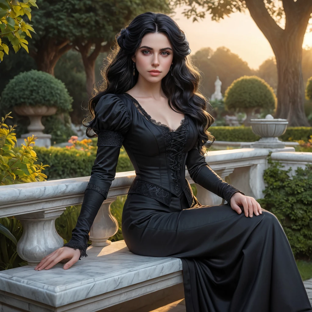 Yennefer in a serene garden at sunset, her hair cascading down as she sits on a marble bench, lost in thought