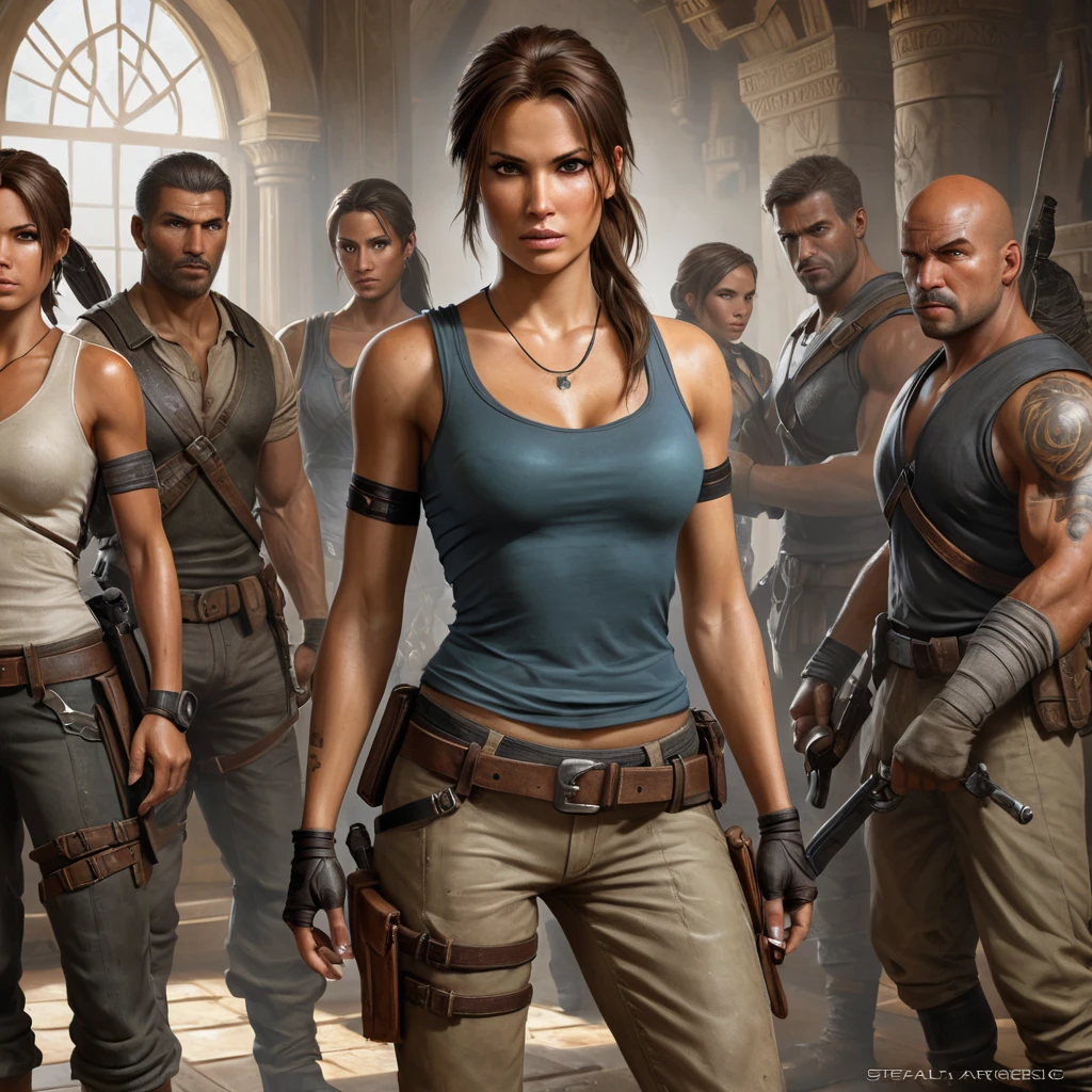 Lara Croft in a tense standoff with a group of mercenaries, her stance defensive, with old-world artifacts and weapons scattered around the room.