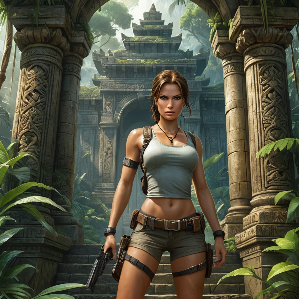 Lara Croft in a classic adventure pose, her iconic dual pistols drawn, standing before an ancient, ornate temple entrance hidden in a dense jungle.