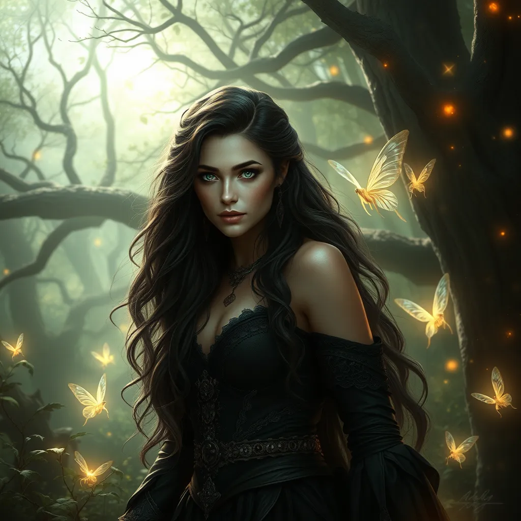 Yennefer in a mystical forest, surrounded by glowing fairies and ancient trees, her eyes reflecting the magical aura